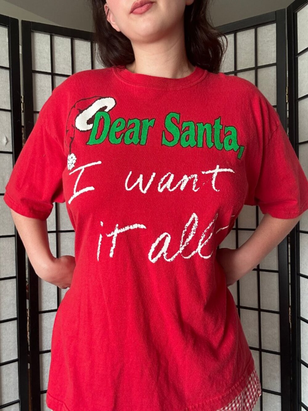90s I Want It All T-Shirt (XL) funny tee red white christmas dear Santa vintage